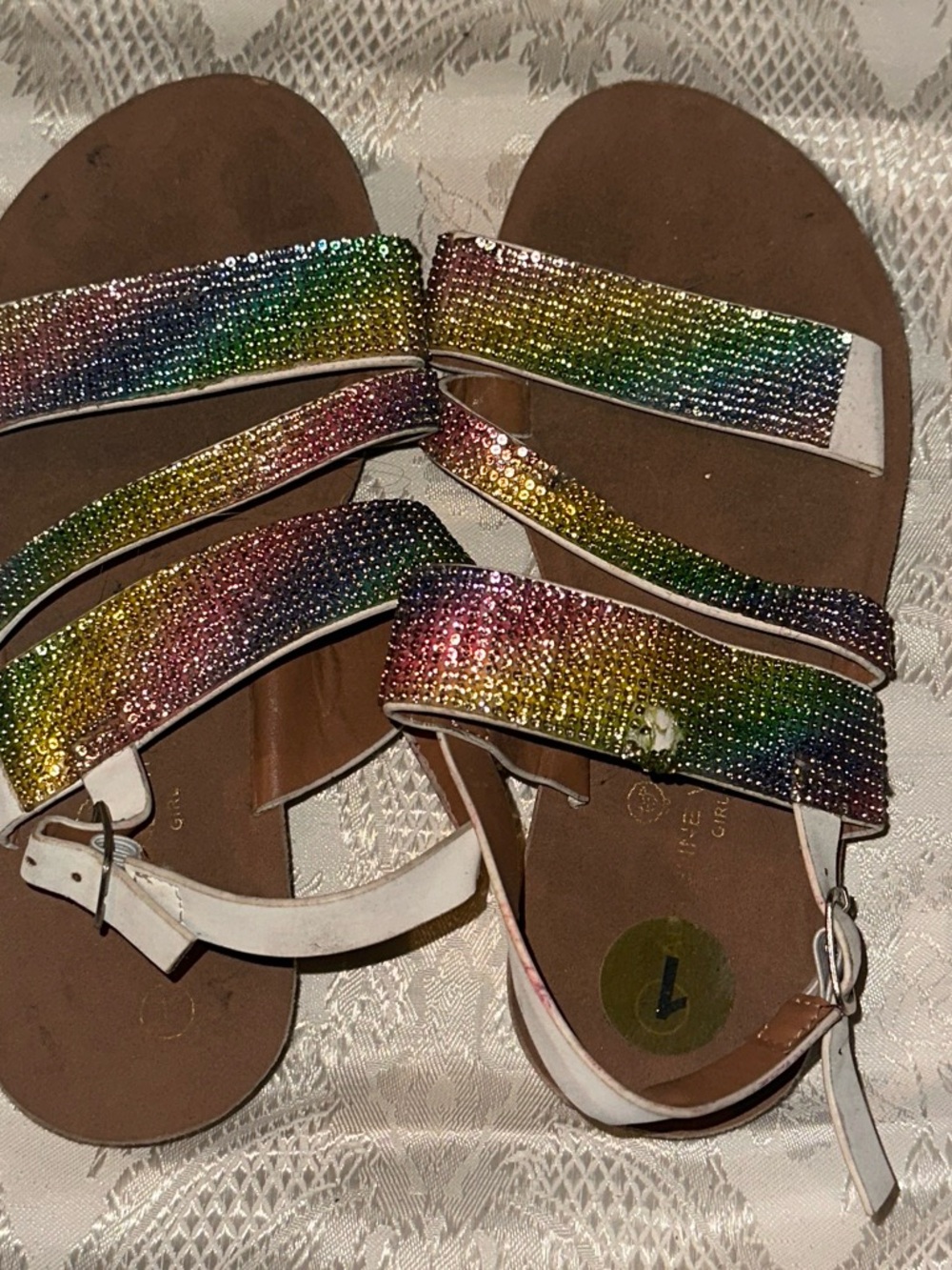 Girls' White Sandals with Rainbow Crystal Straps